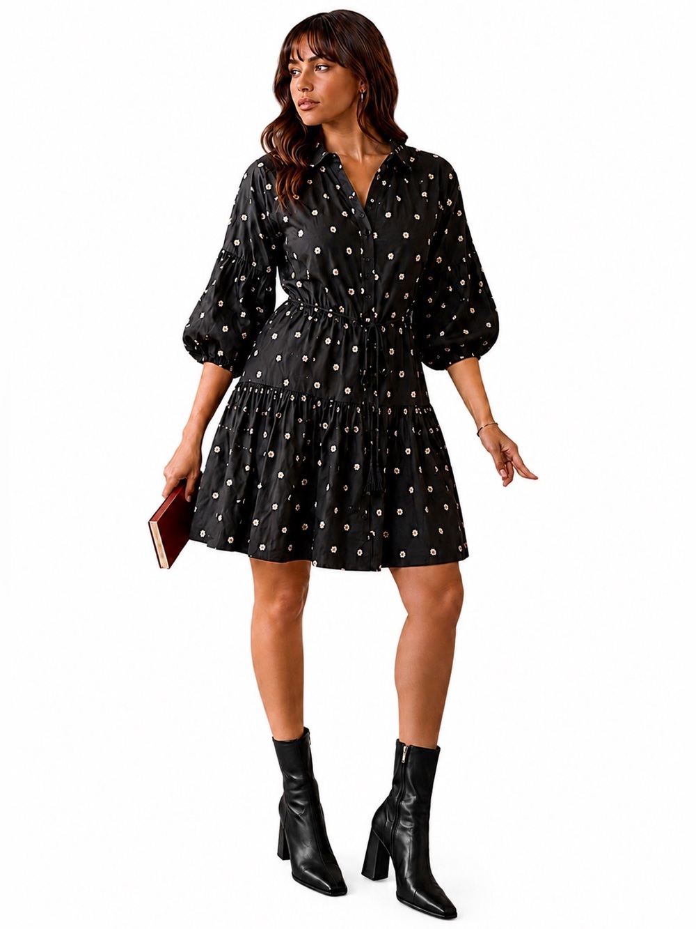 AVEC LES FILLES Black Daisy Embroidered Drop Waist Dress Size 14